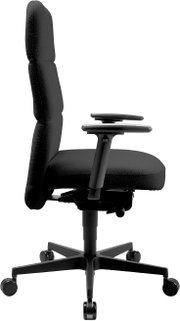 Schwarzer ergonomischer Bürodrehstuhl mit hoher, gepolsterter Rückenlehne, gepolsterter Sitzfläche, verstellbaren Armlehnen und 5-Stern-Fußkreuz auf Rollen, Seitenansicht (linkes Profil) vor weißem Hintergrund