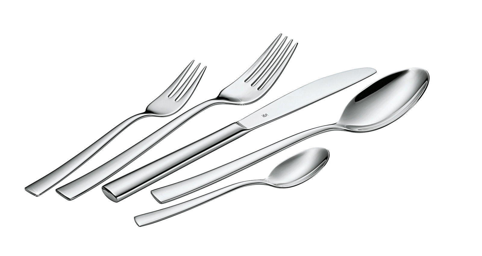 Elegantes Besteckset Philadelphia, bestehend aus Messer, Gabel, Löffel, Dessertgabel und Teelöffel, aus Edelstahl, seitliche Perspektive.