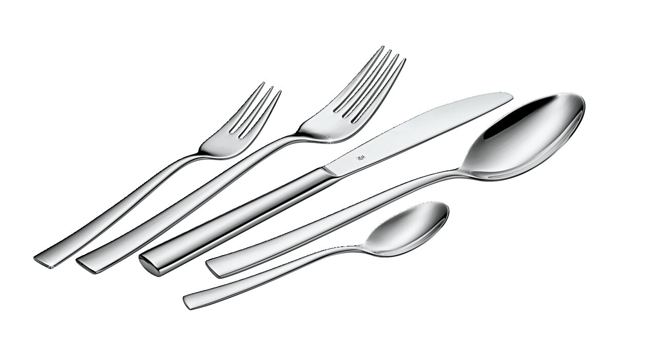 Elegantes Besteckset Philadelphia, bestehend aus Messer, Gabel, Löffel, Dessertgabel und Teelöffel, aus Edelstahl, seitliche Perspektive.