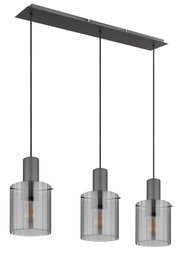 Moderne 3-flammige Pendelleuchte in Schwarz mit drei zylindrischen Rauchglas-Schirmen, frontale Ansicht leicht von unten