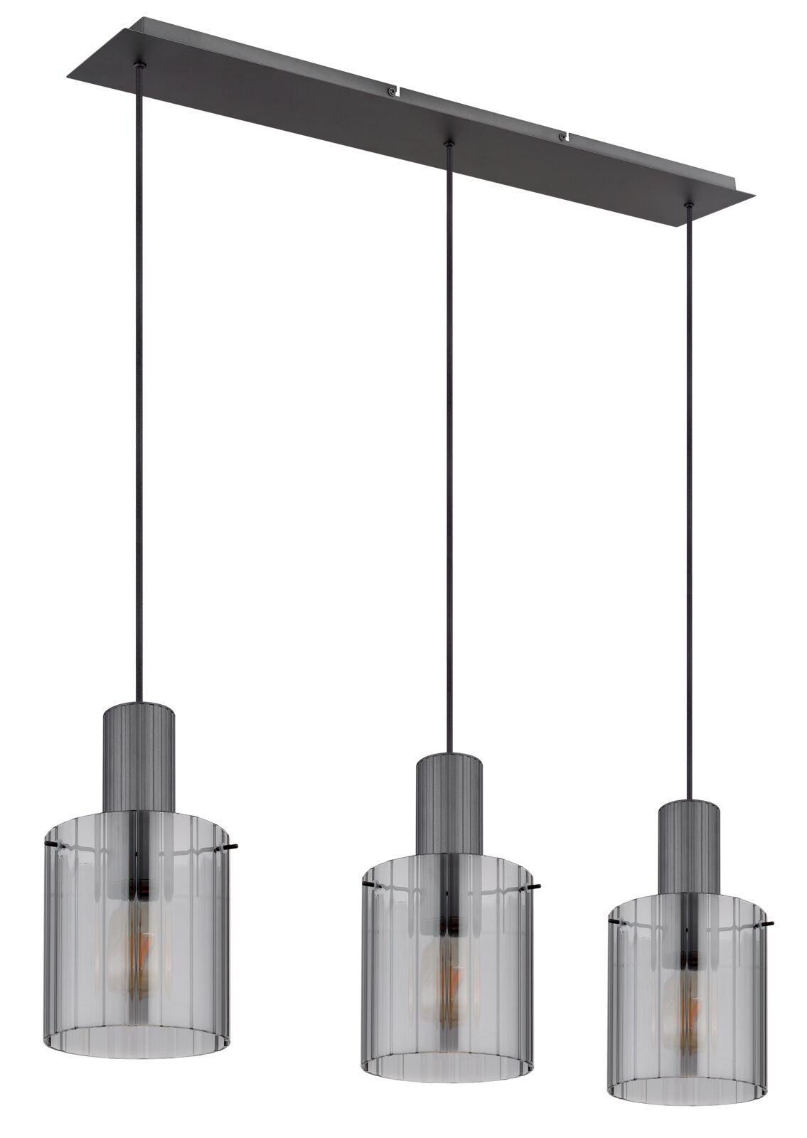Moderne 3-flammige Pendelleuchte in Schwarz mit drei zylindrischen Rauchglas-Schirmen, frontale Ansicht leicht von unten