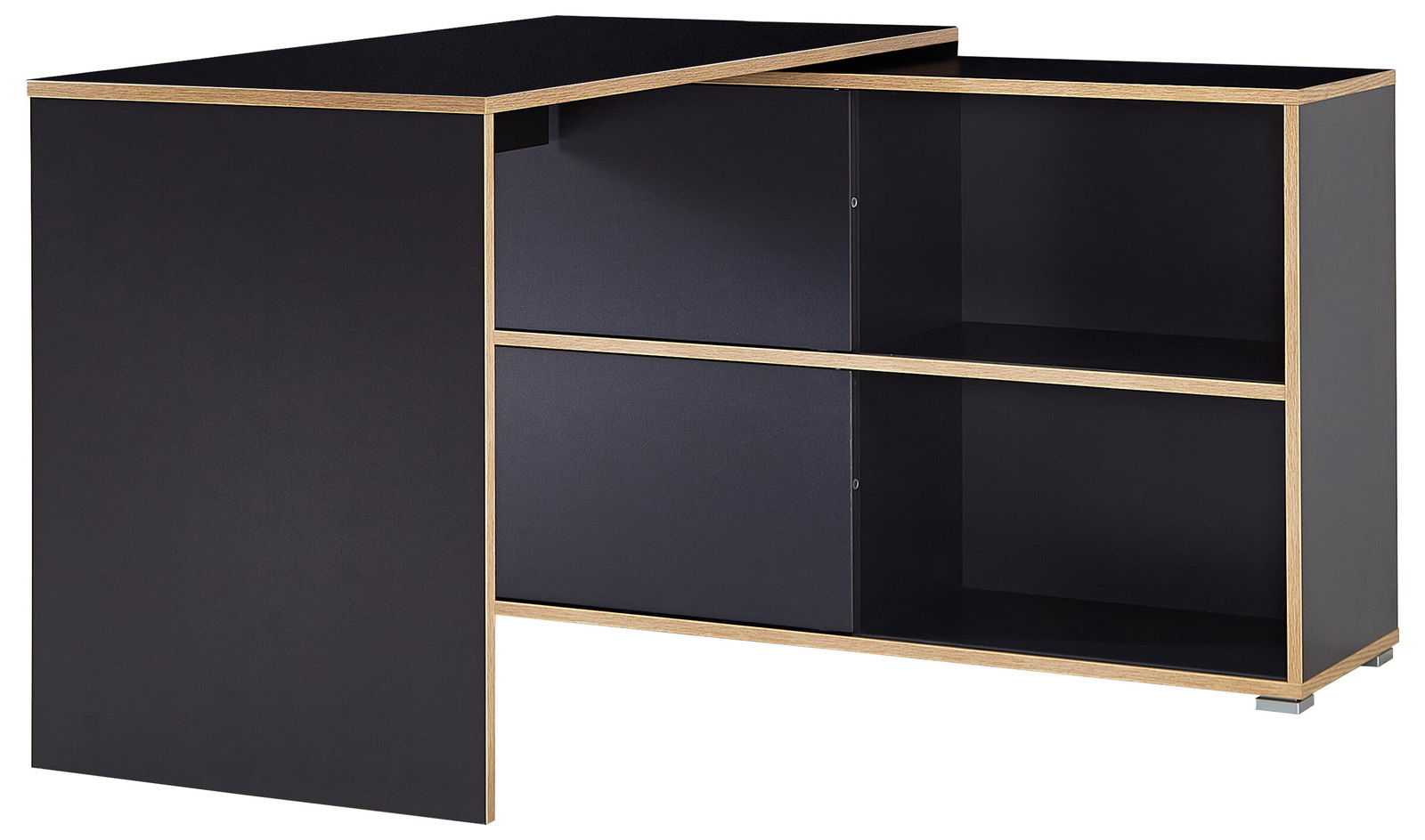 Moderner schwarzer Schreibtisch mit Holzrahmen, seitliche Perspektive