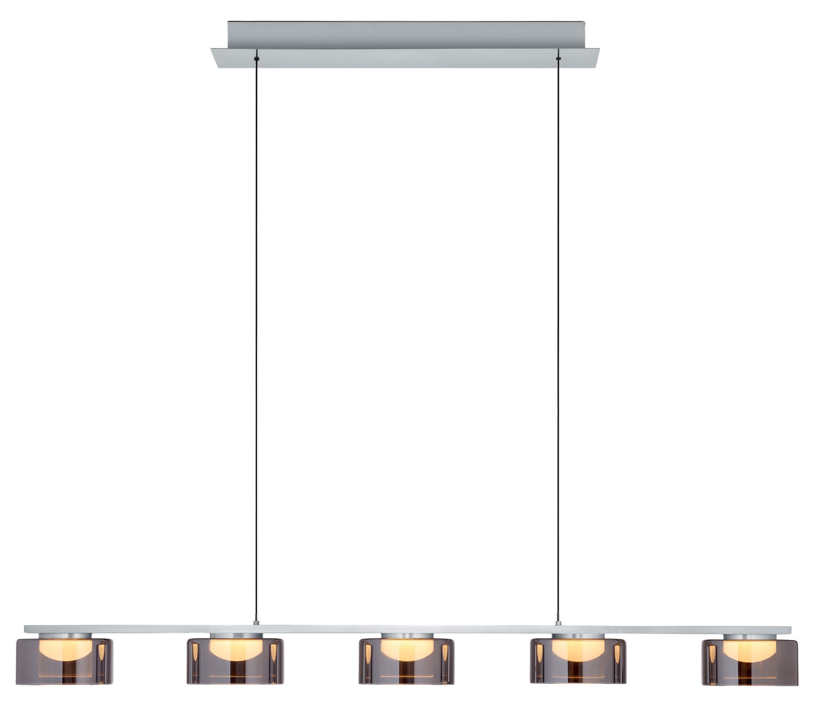 Hell LED-Pendelleuchte DUNE Moderne LED-Pendelleuchte mit vier Leuchtkörpern in Rauchglasoptik, von vorne betrachtet.