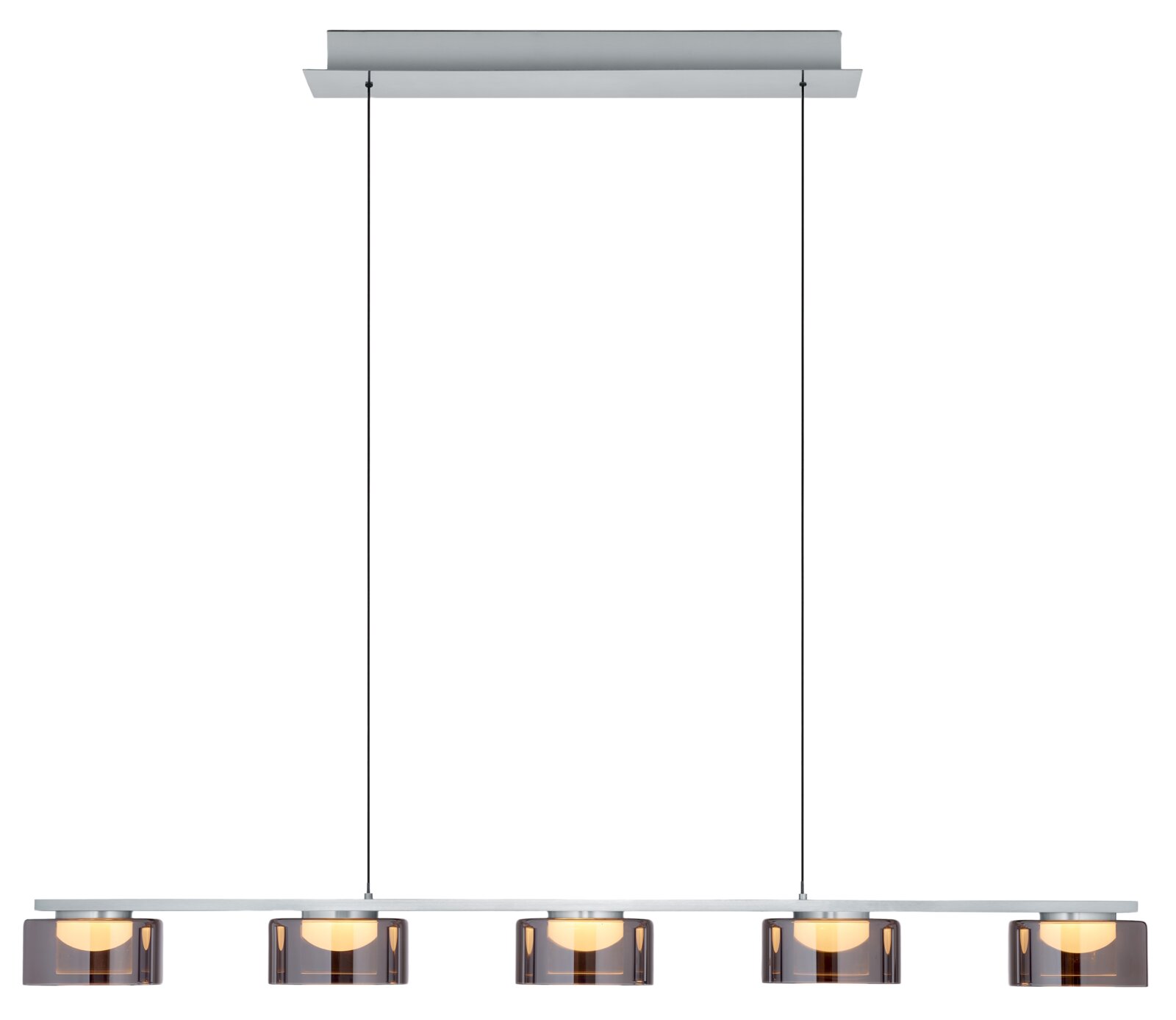 Hell LED-hanglamp DUNE Moderne LED-hanglamp met vier lampen in rookglaslook, gezien vanaf de voorkant.