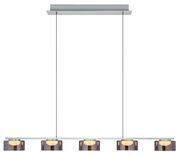 Moderne LED-Pendelleuchte mit vier Leuchtkörpern in Rauchglasoptik, von vorne betrachtet.