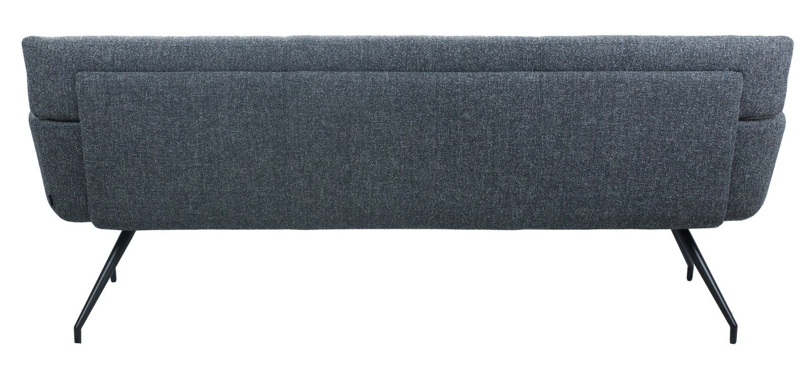 Rückansicht einer modernen, grauen Sitzbank mit schlanken, schwarzen Metallbeinen.