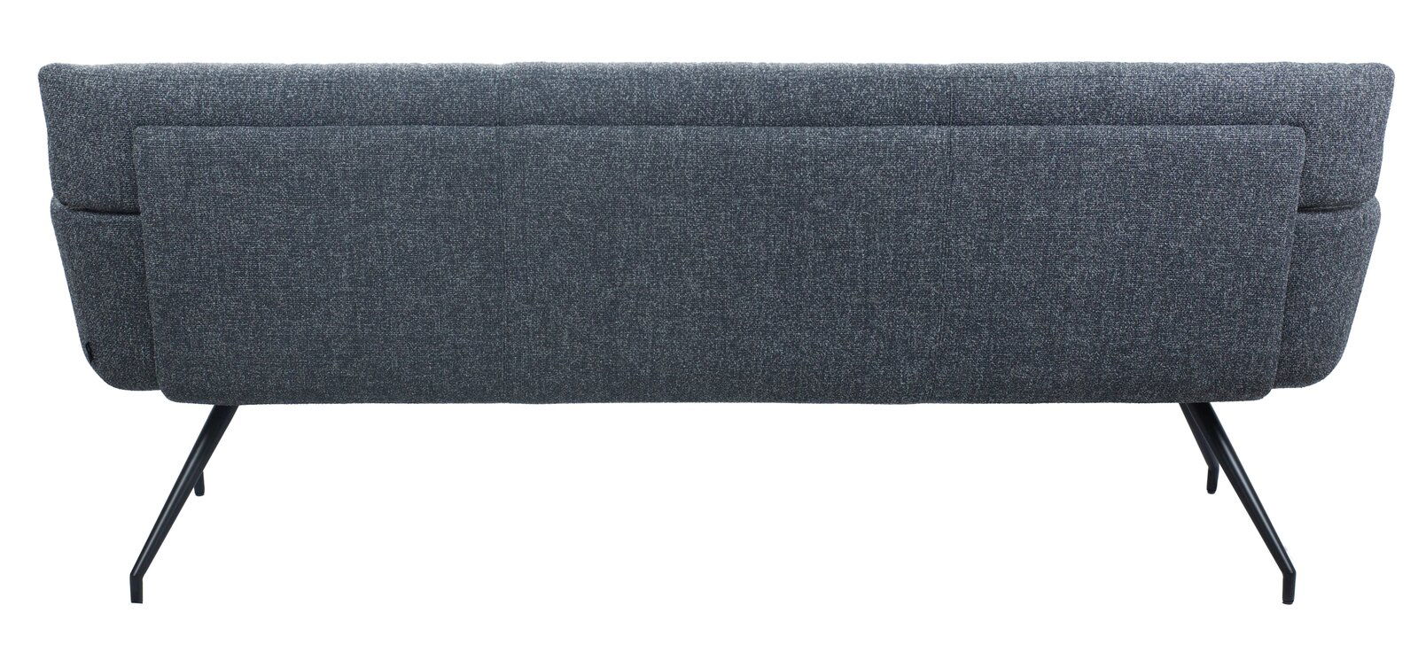 Rückansicht einer modernen, grauen Sitzbank mit schlanken, schwarzen Metallbeinen.