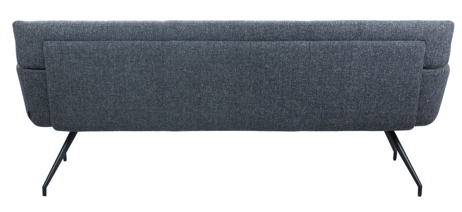 Rückansicht einer modernen, grauen Sitzbank mit schlanken, schwarzen Metallbeinen.