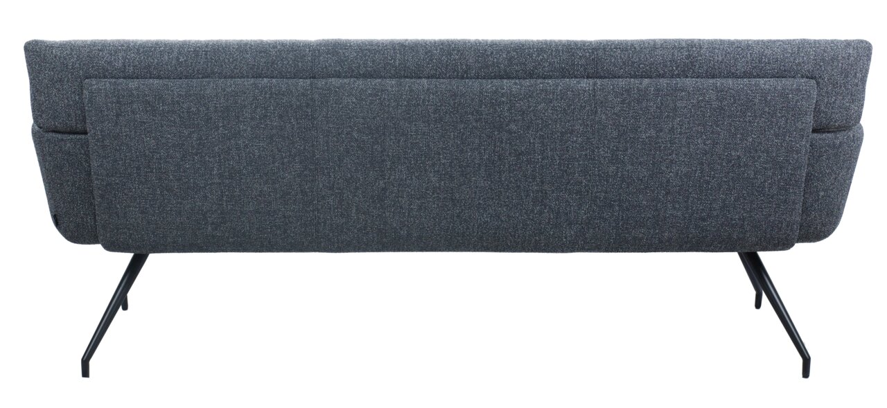 Rückansicht einer modernen, grauen Sitzbank mit schlanken, schwarzen Metallbeinen.