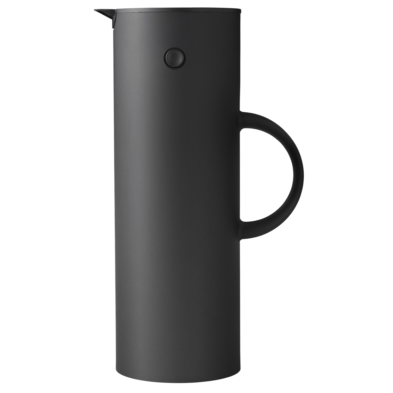 Stelton Isolierkanne 1l EM77 Schwarze Isolierkanne mit 1 Liter Fassungsvermögen, seitliche Ansicht.