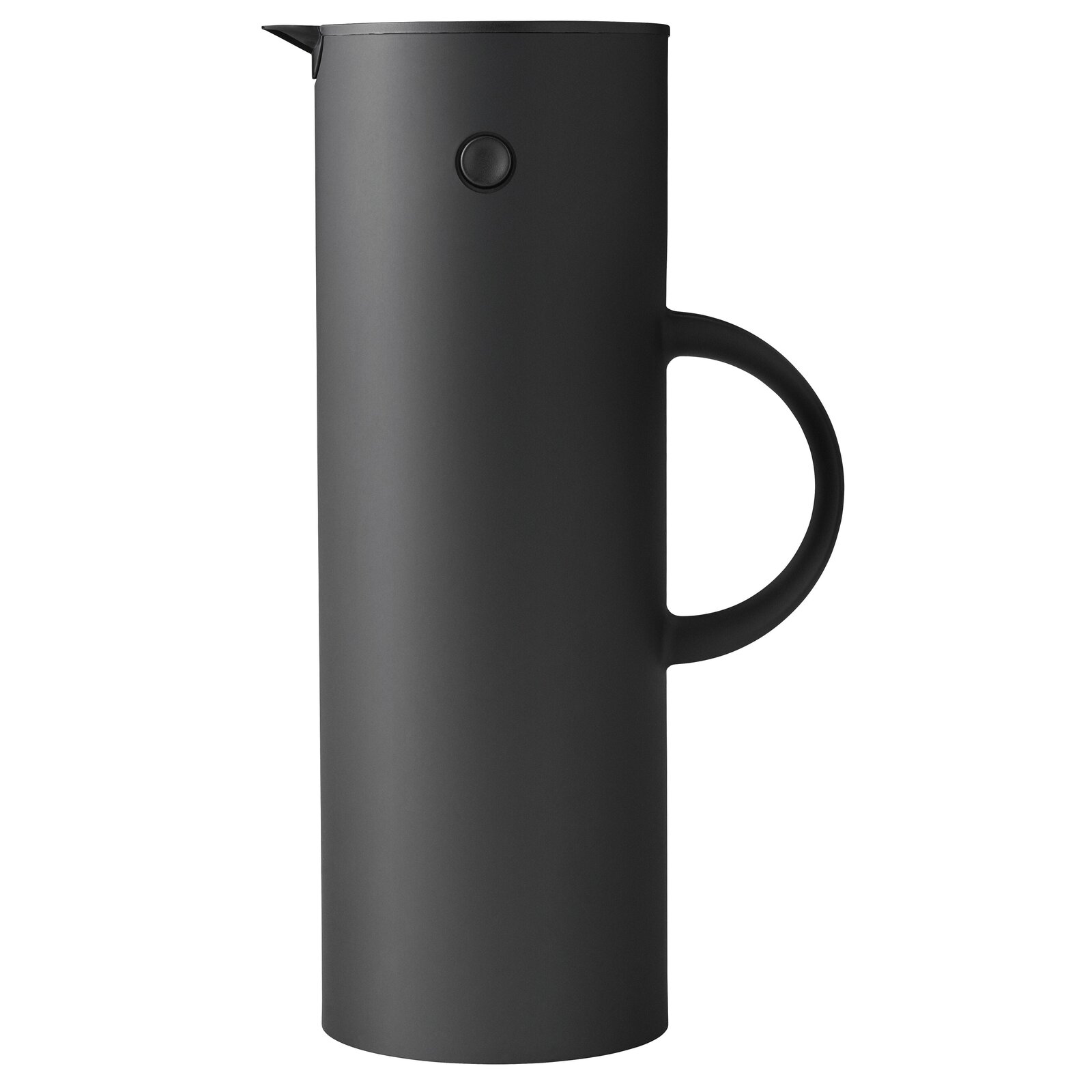 Schwarze Isolierkanne mit 1 Liter Fassungsvermögen, seitliche Ansicht.