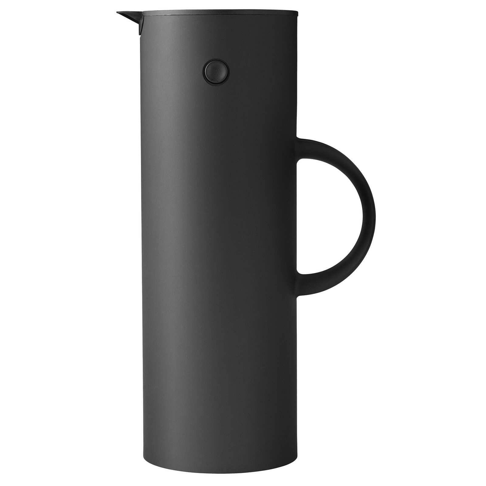 Stelton Isolierkanne 1l EM77 Schwarze Isolierkanne mit 1 Liter Fassungsvermögen, seitliche Ansicht.