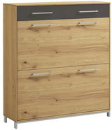 Moderner Schuhschrank aus Holz mit zwei großen Klappen und einer Schublade, Ansicht von vorne.