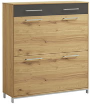 Moderner Schuhschrank aus Holz mit zwei großen Klappen und einer Schublade, Ansicht von vorne.