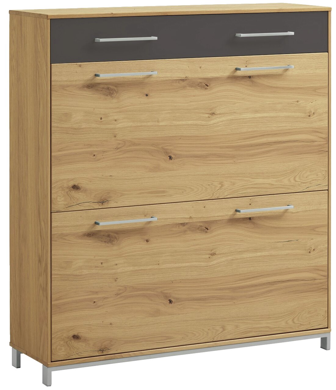 Moderner Schuhschrank aus Holz mit zwei großen Klappen und einer Schublade, Ansicht von vorne.