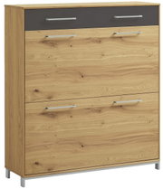 Moderner Schuhschrank aus Holz mit zwei großen Klappen und einer Schublade, Ansicht von vorne.