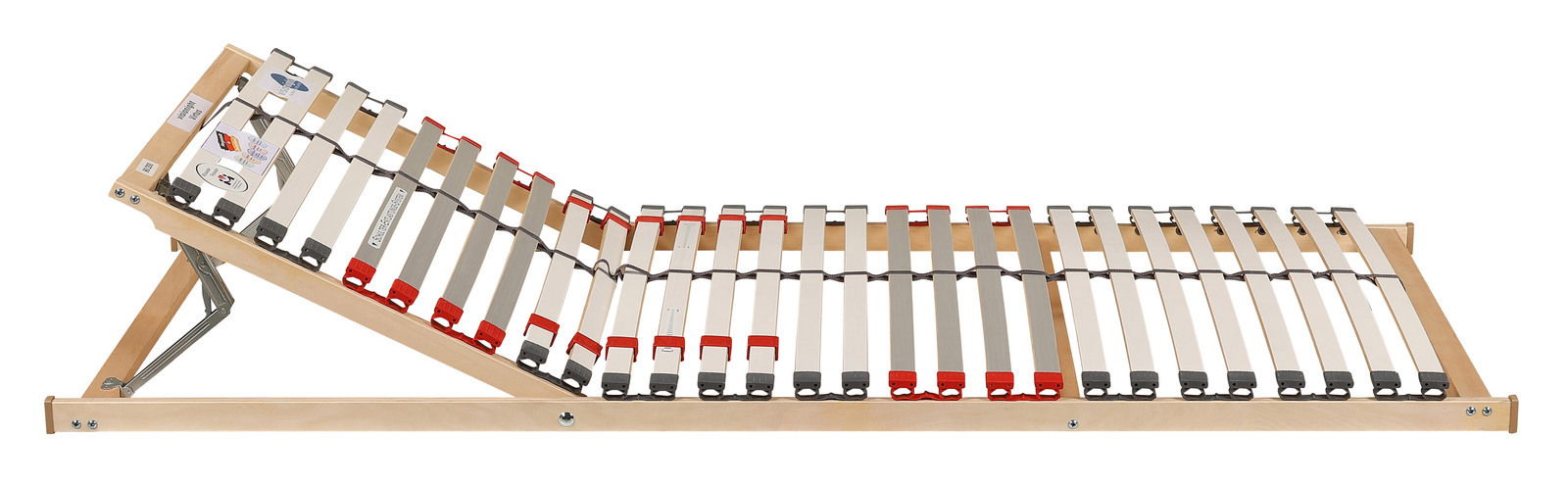 Seitliche Ansicht eines verstellbaren Lattenrosts mit Holzrahmen und flexiblen Leisten, teilweise angehoben.