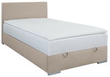 Boxbett 120 in Beige, seitliche Perspektive, mit gepolstertem Kopfteil und weißer Matratze