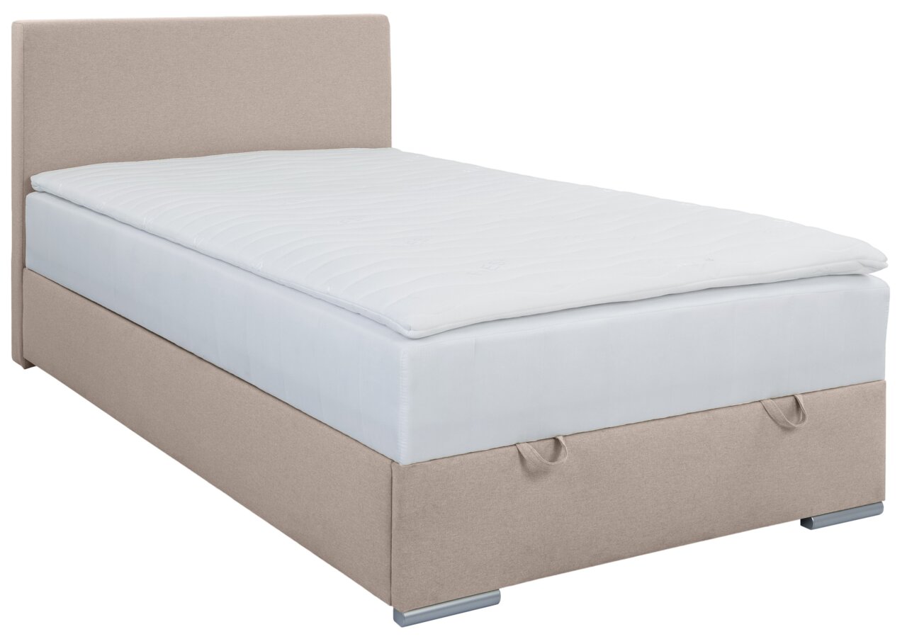 Boxbed 120 in beige, zijaanzicht, met gestoffeerd hoofdeinde en wit matras