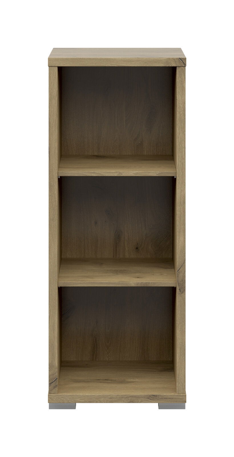 Frontansicht eines schmalen Aktenregals mit drei offenen Fächern in Holzoptik.