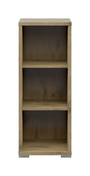 Frontansicht eines schmalen Aktenregals mit drei offenen Fächern in Holzoptik.