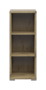 Frontansicht eines schmalen Aktenregals mit drei offenen Fächern in Holzoptik.