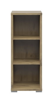 Frontansicht eines schmalen Aktenregals mit drei offenen Fächern in Holzoptik.