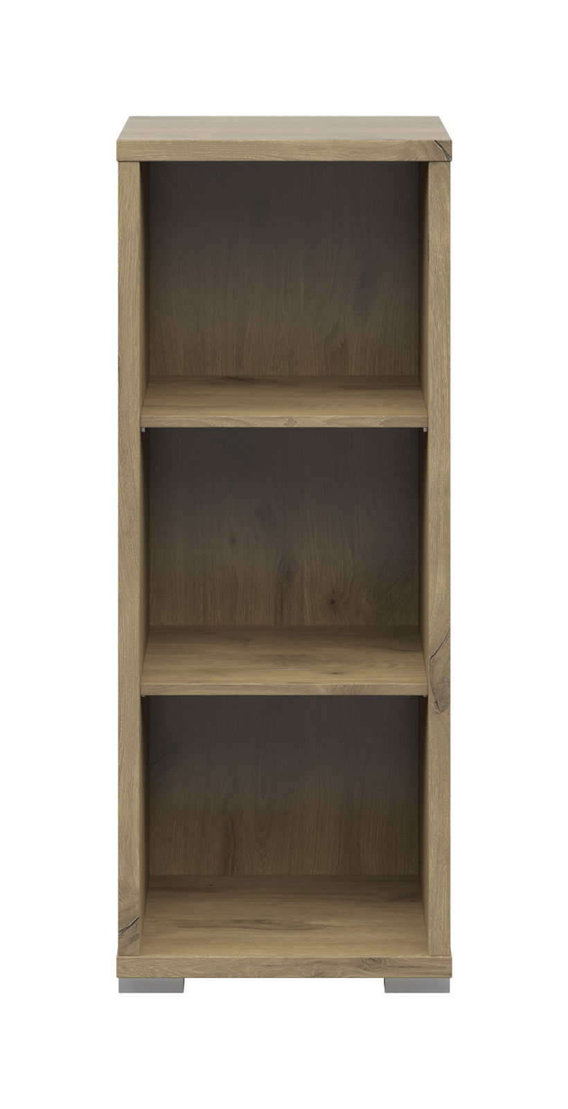 Frontansicht eines schmalen Aktenregals mit drei offenen Fächern in Holzoptik.