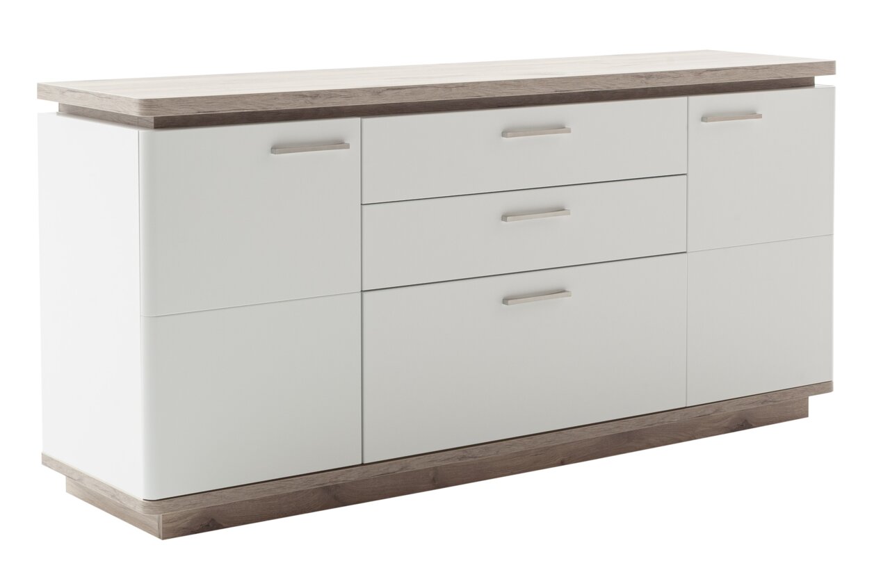 Modernes Sideboard in Weiß mit Holzdetails, seitliche Perspektive