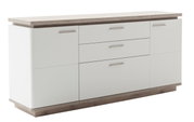 Modern dressoir in wit met houten details, zijaanzicht