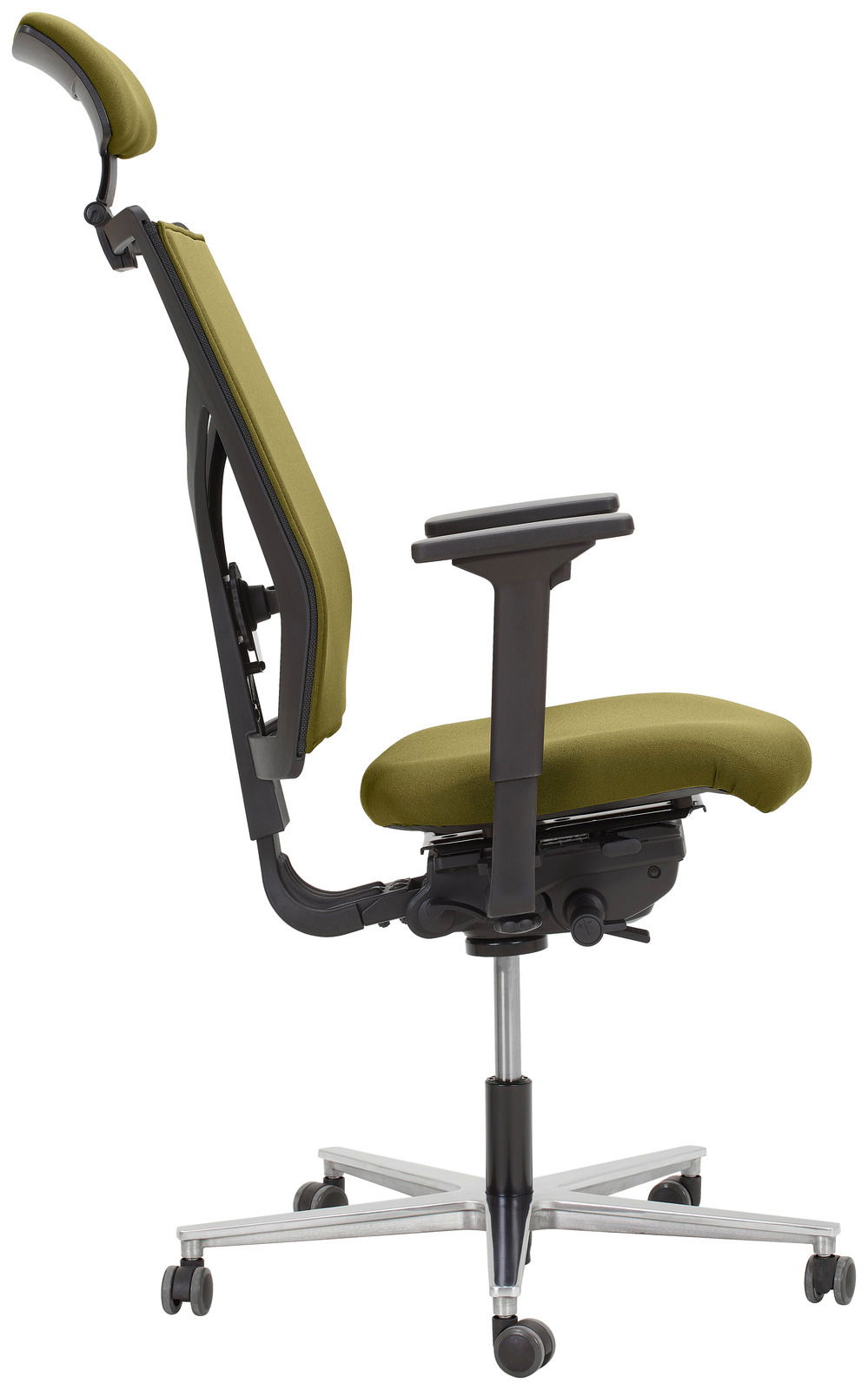 Seitenansicht eines grünen Drehstuhls mit verstellbarer Rückenlehne und Armlehnen auf einem fünfarmigen Rollfuß.