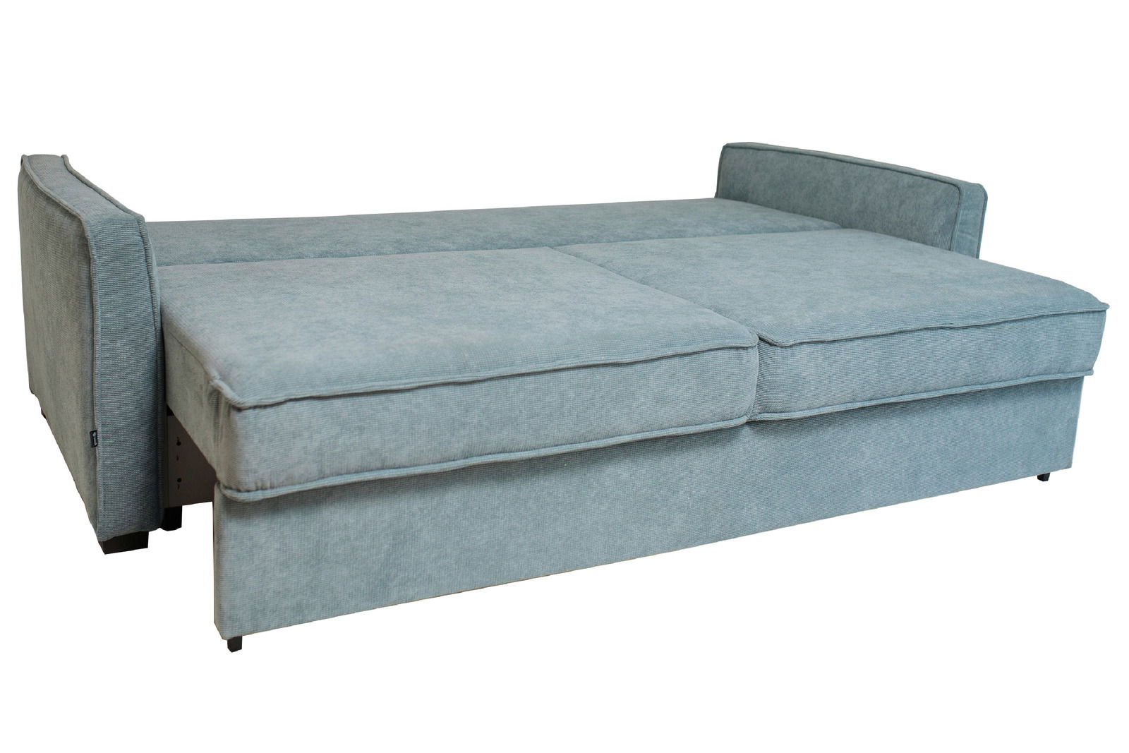 Funktionssofa in hellblauem Stoff, ausgeklappt in der Seitenansicht