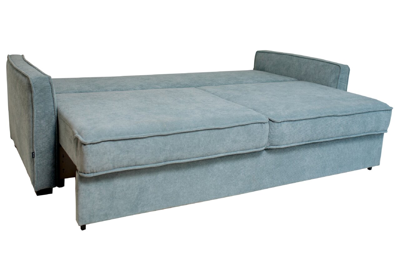 Funktionssofa in hellblauem Stoff, ausgeklappt in der Seitenansicht