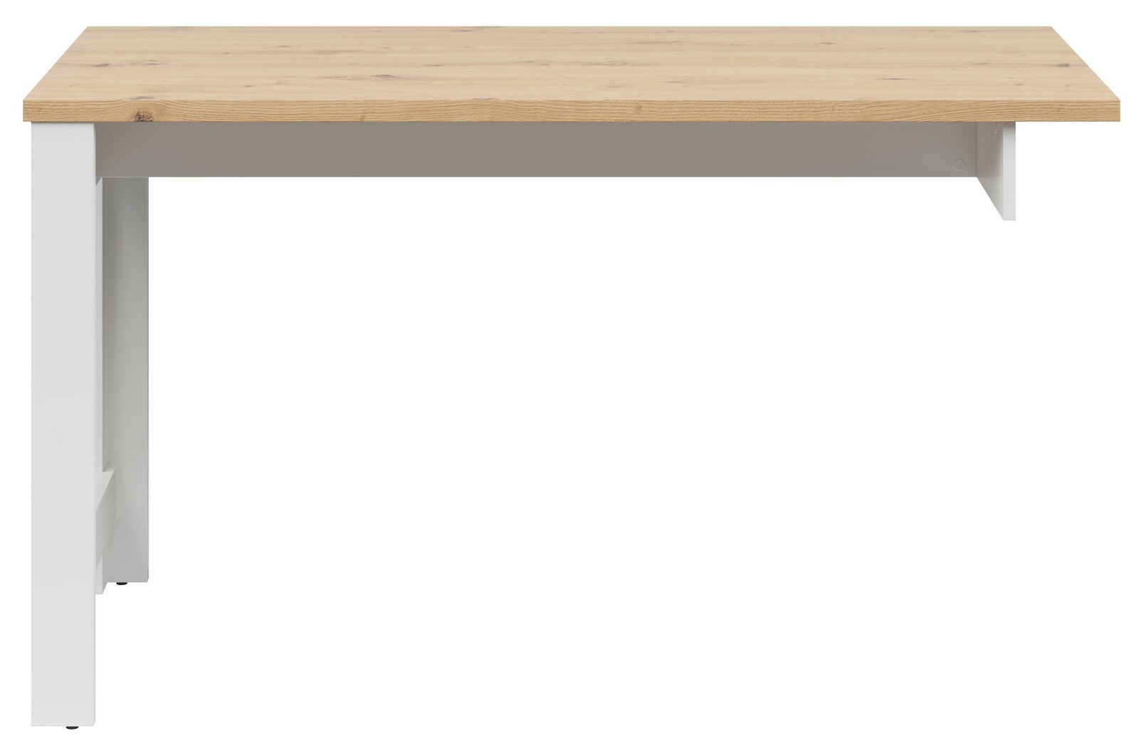 Schreibtischanbau mit Holzoberfläche und weißen Seitenwänden, frontal betrachtet.