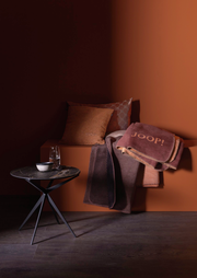 Gemütliche Wohnzimmerszene mit braunen Zierkissen und Decken auf einer Bank, daneben ein kleiner Tisch mit Glas und Schale, seitliche Perspektive.