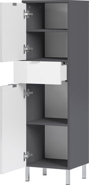 Grauer Schrank mit weißen Türen und Schublade, geöffnet, auf silbernen Beinen, Frontalansicht