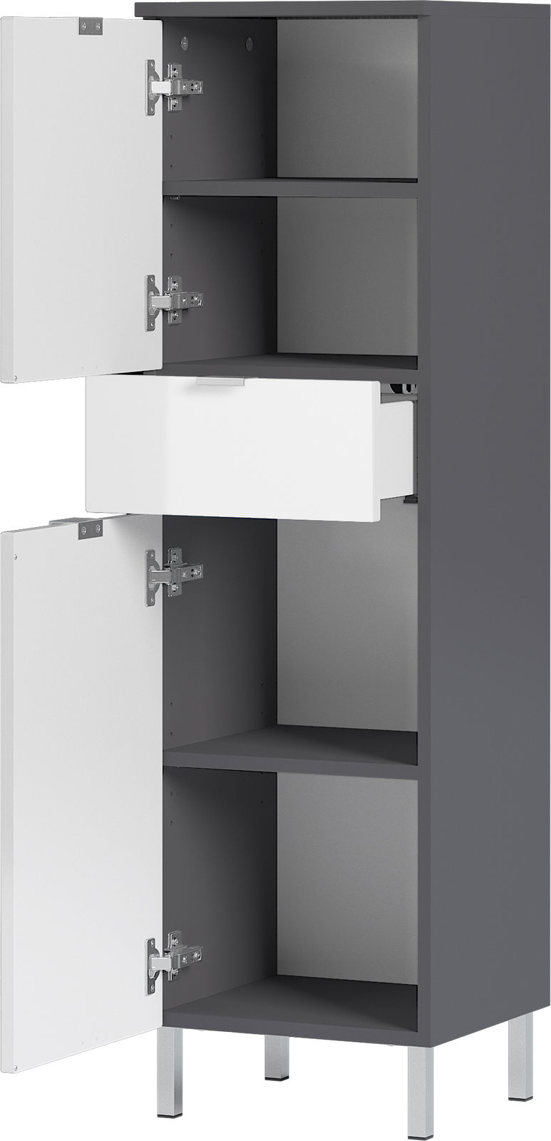 Grauer Schrank mit weißen Türen und Schublade, geöffnet, auf silbernen Beinen, Frontalansicht