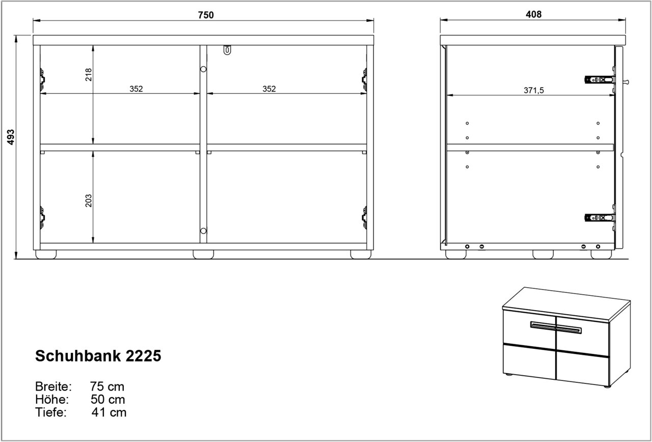 Schuhbank 2225, Front- und Seitenansicht, Maße: Breite 75 cm, Höhe 50 cm, Tiefe 41 cm