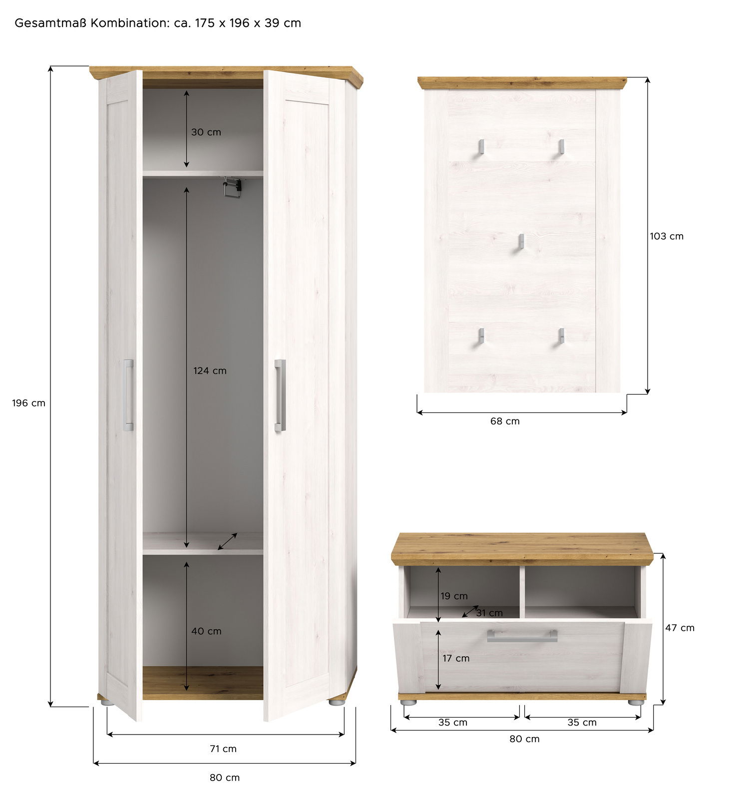 Garderobenkombination in Weiß mit Holzakzenten, bestehend aus einem hohen Schrank mit offenen Türen, einer Wandpaneel mit Haken und einer niedrigen Bank mit Schublade, aus der Frontansicht.