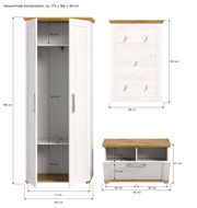 Garderobenkombination in Weiß mit Holzakzenten, bestehend aus einem hohen Schrank mit offenen Türen, einer Wandpaneel mit Haken und einer niedrigen Bank mit Schublade, aus der Frontansicht.
