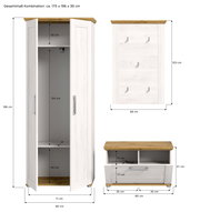 Garderobenkombination in Weiß mit Holzakzenten, bestehend aus einem hohen Schrank mit offenen Türen, einer Wandpaneel mit Haken und einer niedrigen Bank mit Schublade, aus der Frontansicht.