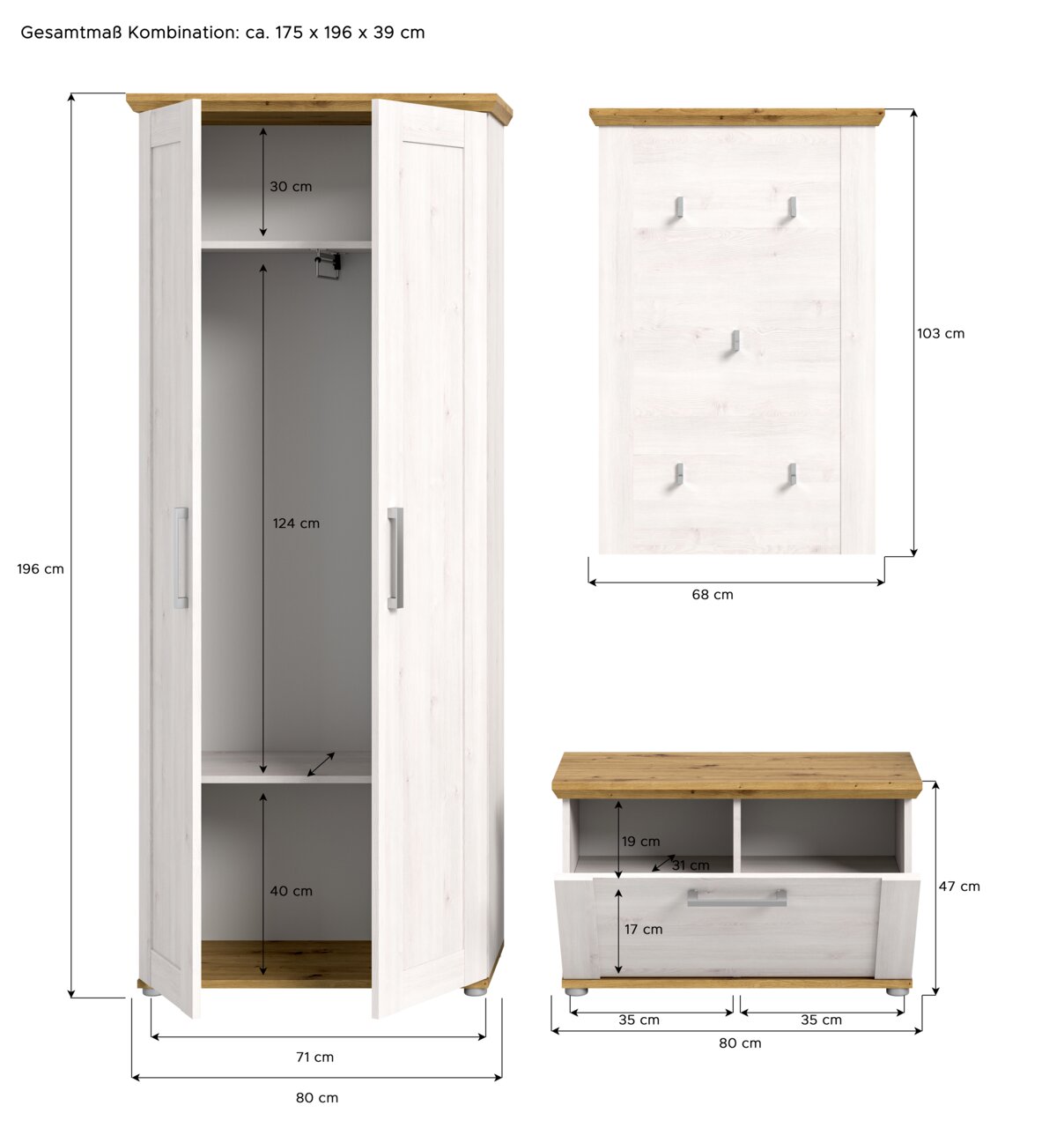 Garderobenkombination in Weiß mit Holzakzenten, bestehend aus einem hohen Schrank mit offenen Türen, einer Wandpaneel mit Haken und einer niedrigen Bank mit Schublade, aus der Frontansicht.
