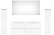 Moderne Badkombination aus der Serie NEXT4YOU von Puris mit zwei Waschbecken, großem Spiegel und zwei hohen Schränken, frontal betrachtet.