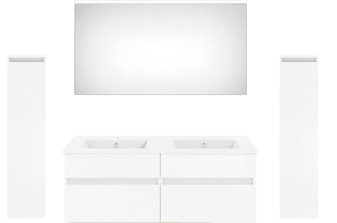 Moderne Badkombination aus der Serie NEXT4YOU von Puris mit zwei Waschbecken, großem Spiegel und zwei hohen Schränken, frontal betrachtet.