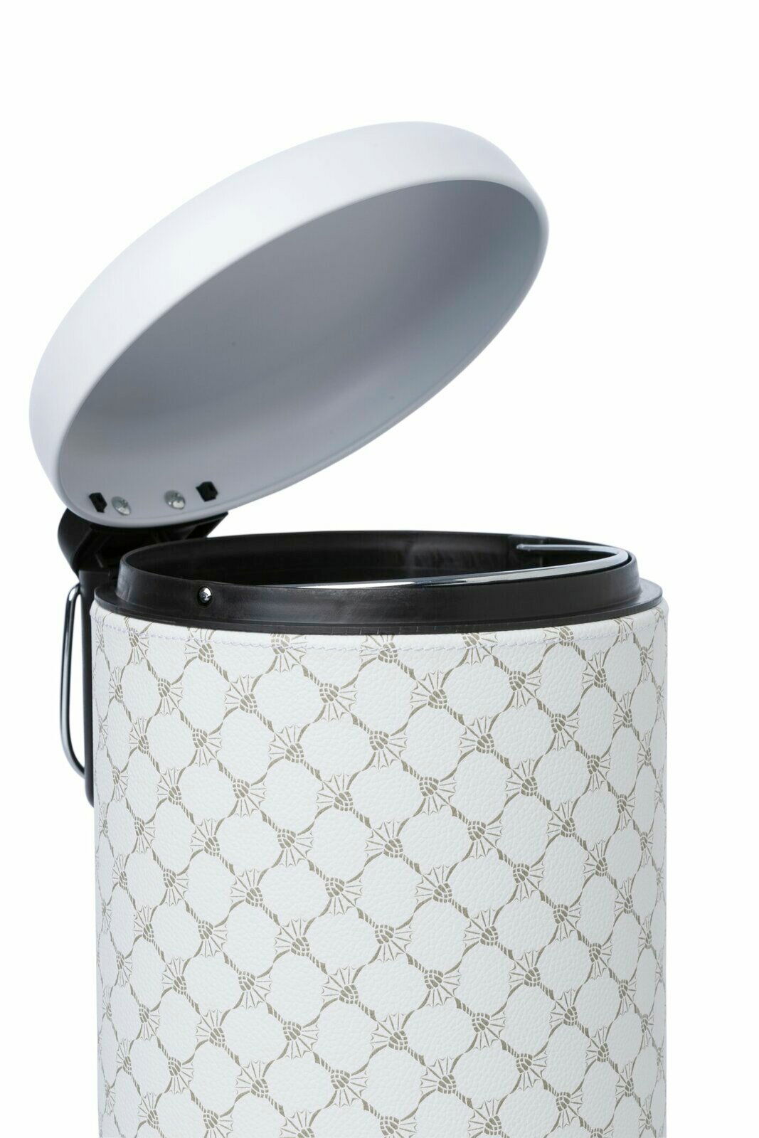 Offener Pedaleimer in Weiß mit grauem Muster, seitliche Perspektive