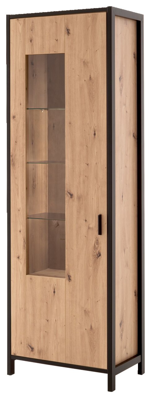 Vitrine aus Holz mit Glaseinsatz und schwarzem Rahmen, seitliche Perspektive