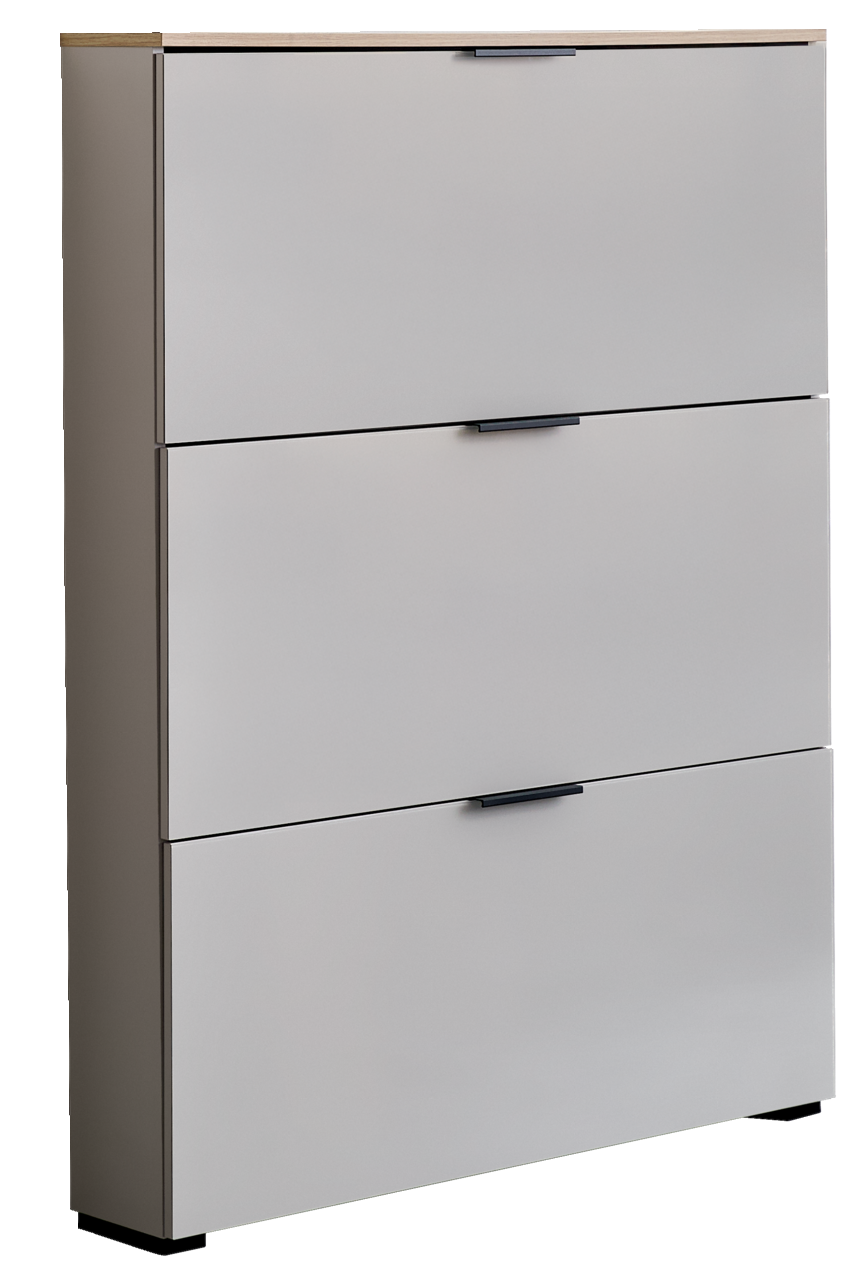 Moderner Klapp-Schuhschrank mit drei Fächern, seitliche Perspektive