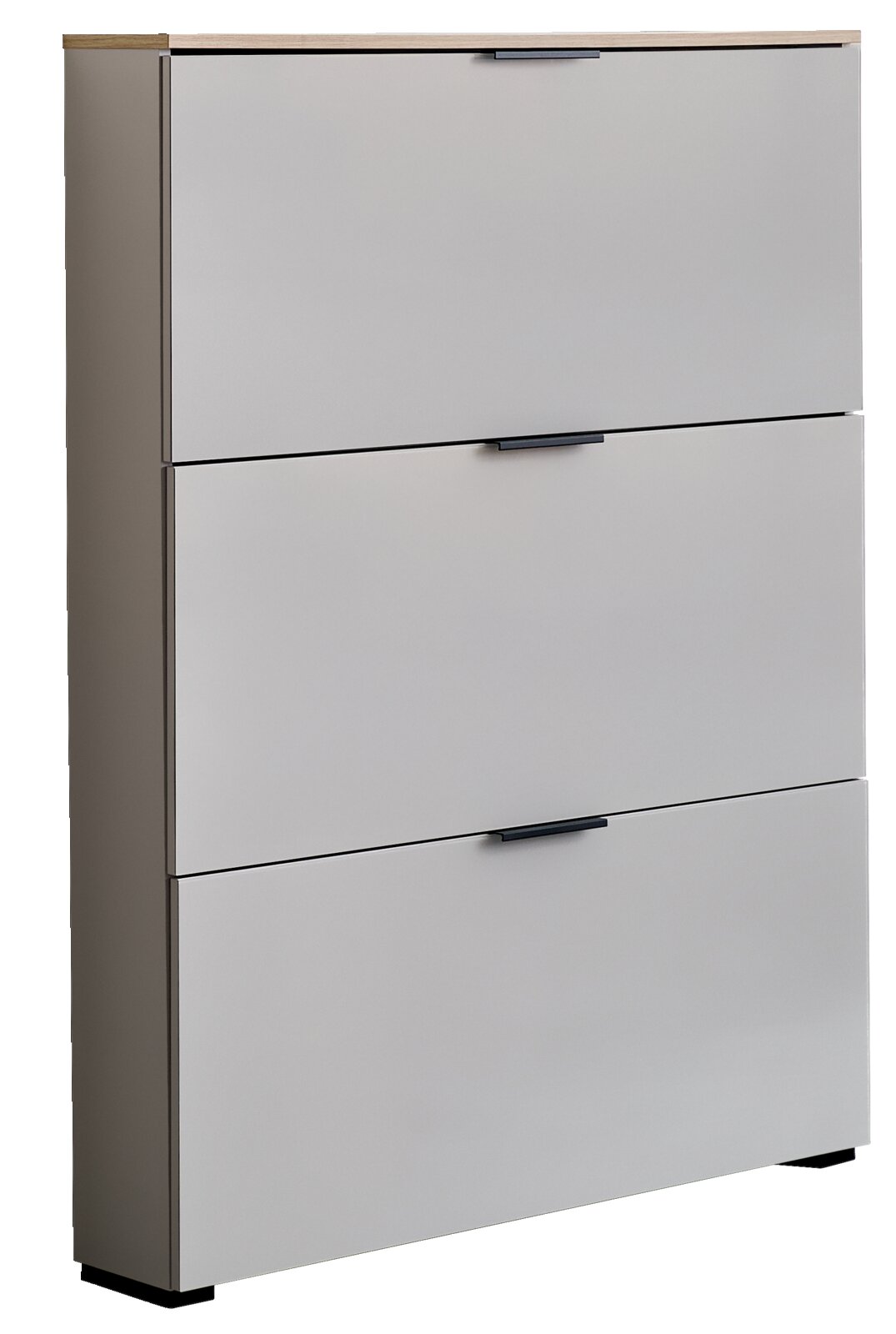 Moderner Klapp-Schuhschrank mit drei Fächern, seitliche Perspektive
