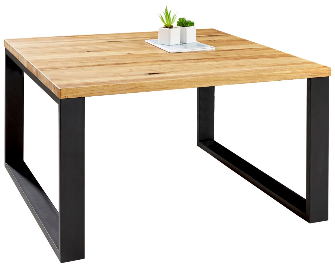 Moderne salontafel met houten blad en zwarte metalen poten, zijaanzicht