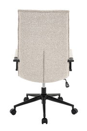 Rückansicht eines beigen Drehstuhls mit schwarzem Fußkreuz und Rollen